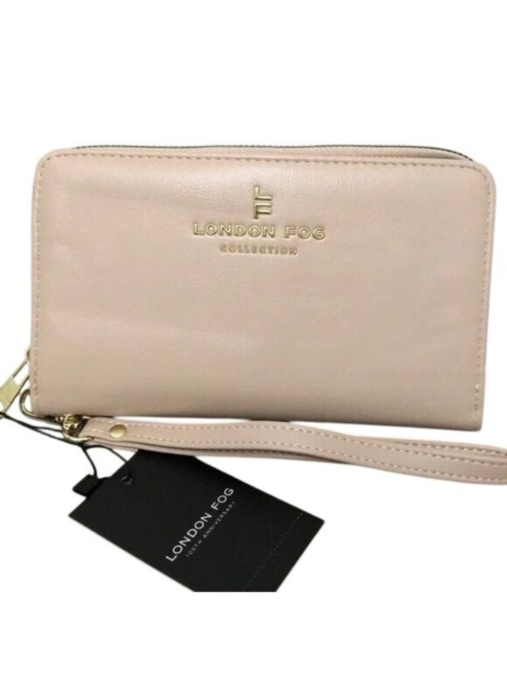 London Fog Preston Cream Zip Around Wallet With Front Card Fold Wrist Strap